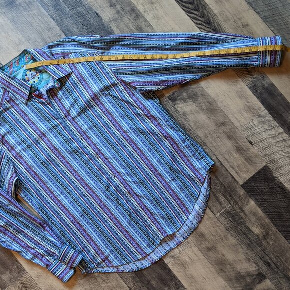 Robert Graham Stripe Shirt Green Blue Purple with Paisley Flip Cuffs - Picture 6 of 7